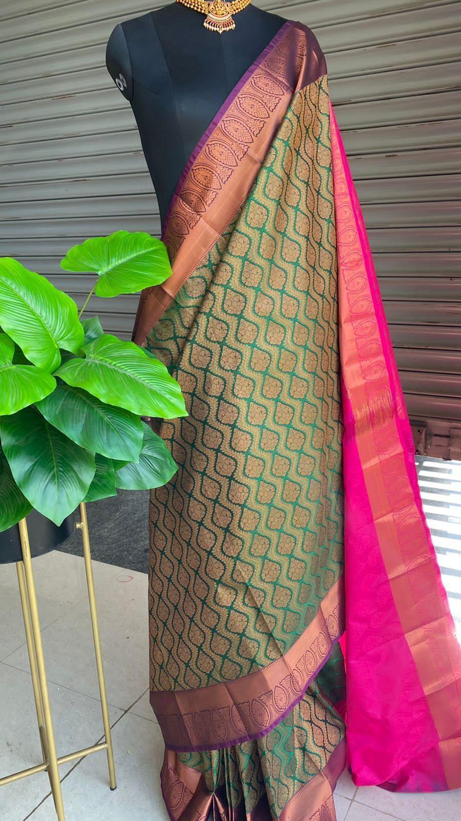 Banarasi  green and pink silk saree with blouse