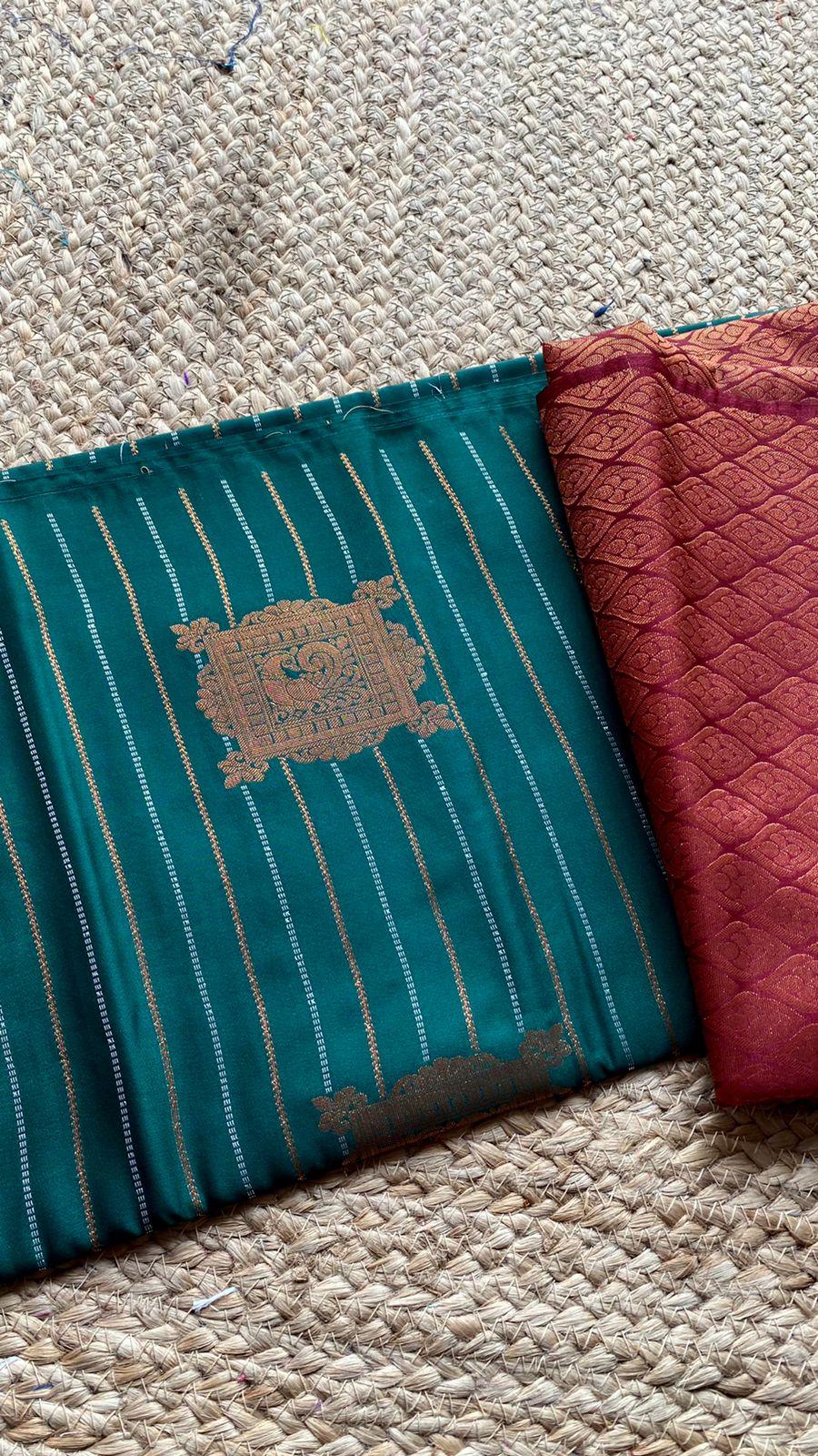 Bottle green and orange Silk saree with blouse - Threads