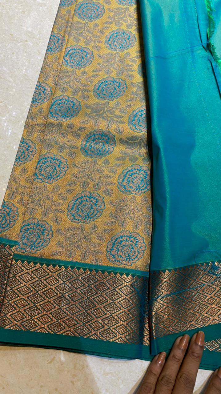 Yellow and peacock silk saree with blouse - Threads
