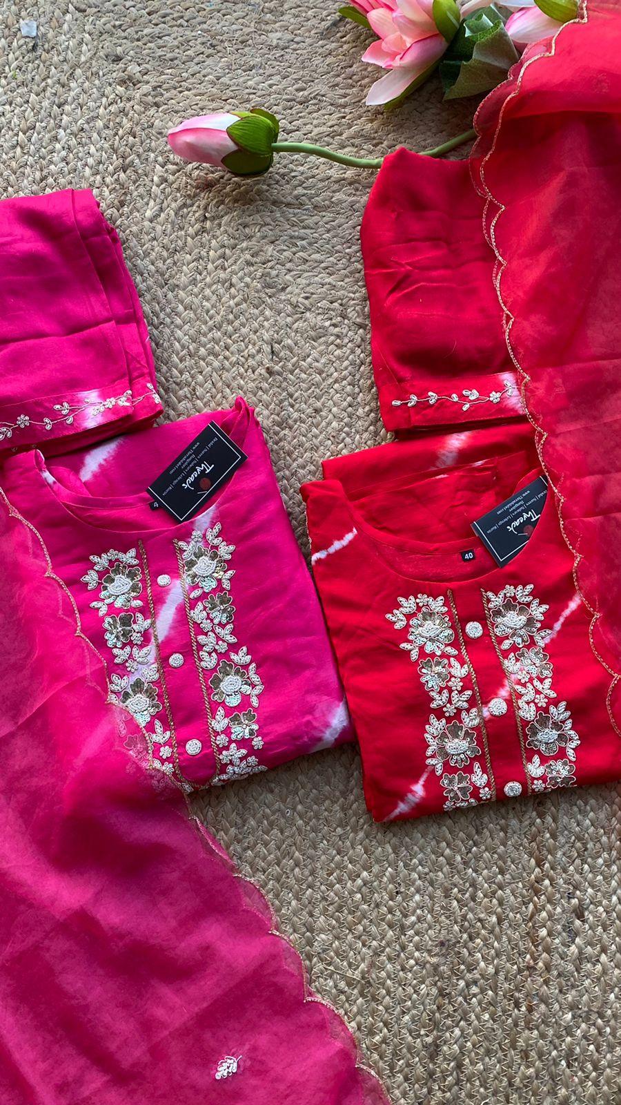 Pink tie and die muslin embroidery hand worked 3 piece kurti set - Threads