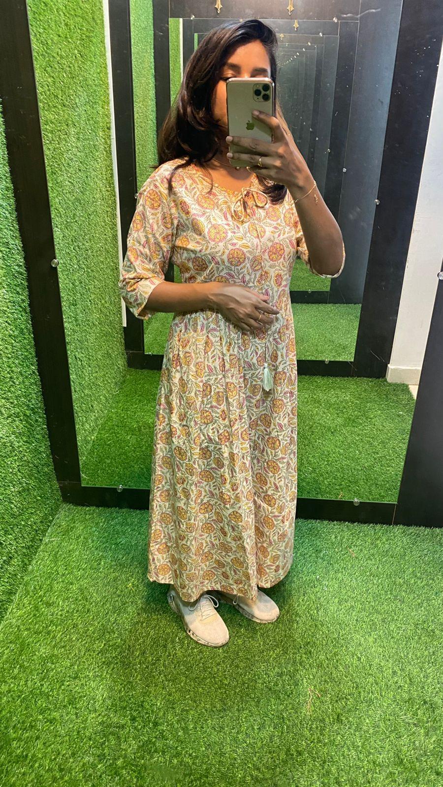 Beige Cotton printed maxi kurti top