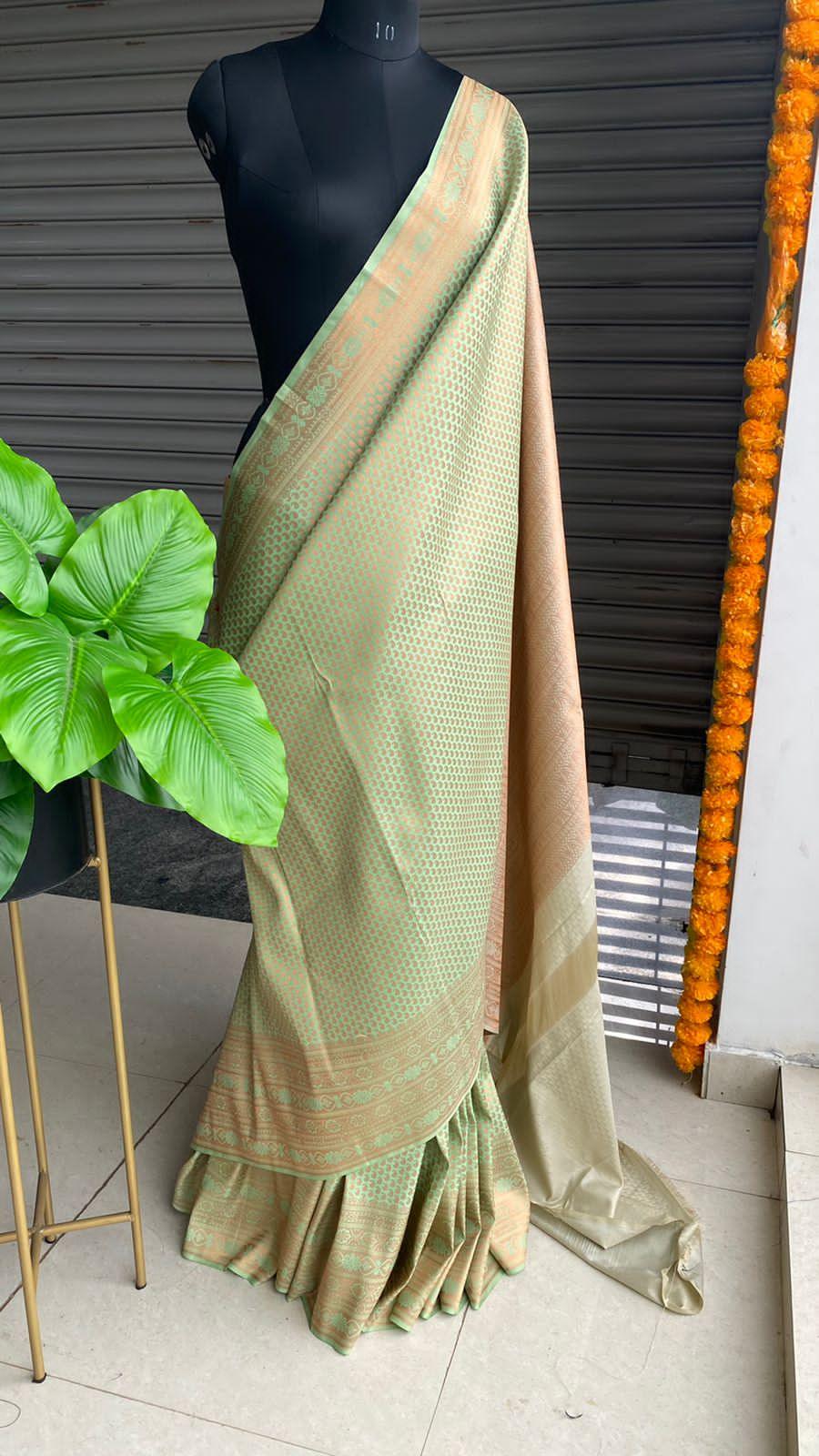 Light green and peach silk saree with blouse - Threads