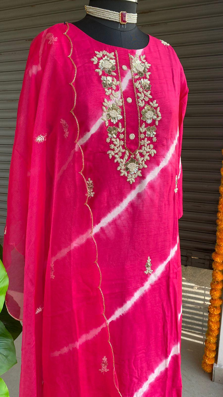 Pink tie and die muslin embroidery hand worked 3 piece kurti set - Threads