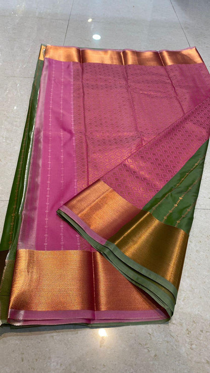 Western green and pink silk saree with blouse - Threads