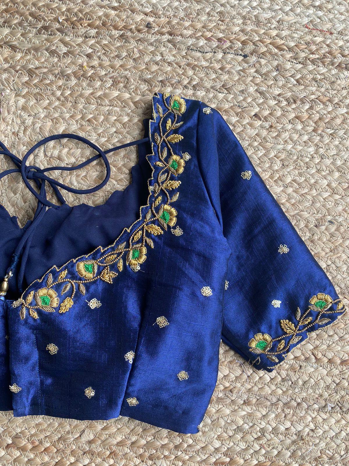 Midnight blue silk embroidery hand worked blouse - Threads