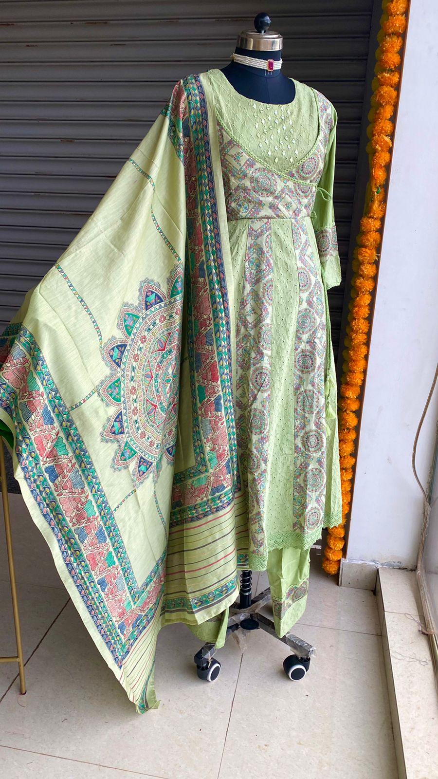 Light green cotton embroidery hand worked 3 piece kurti set - Threads
