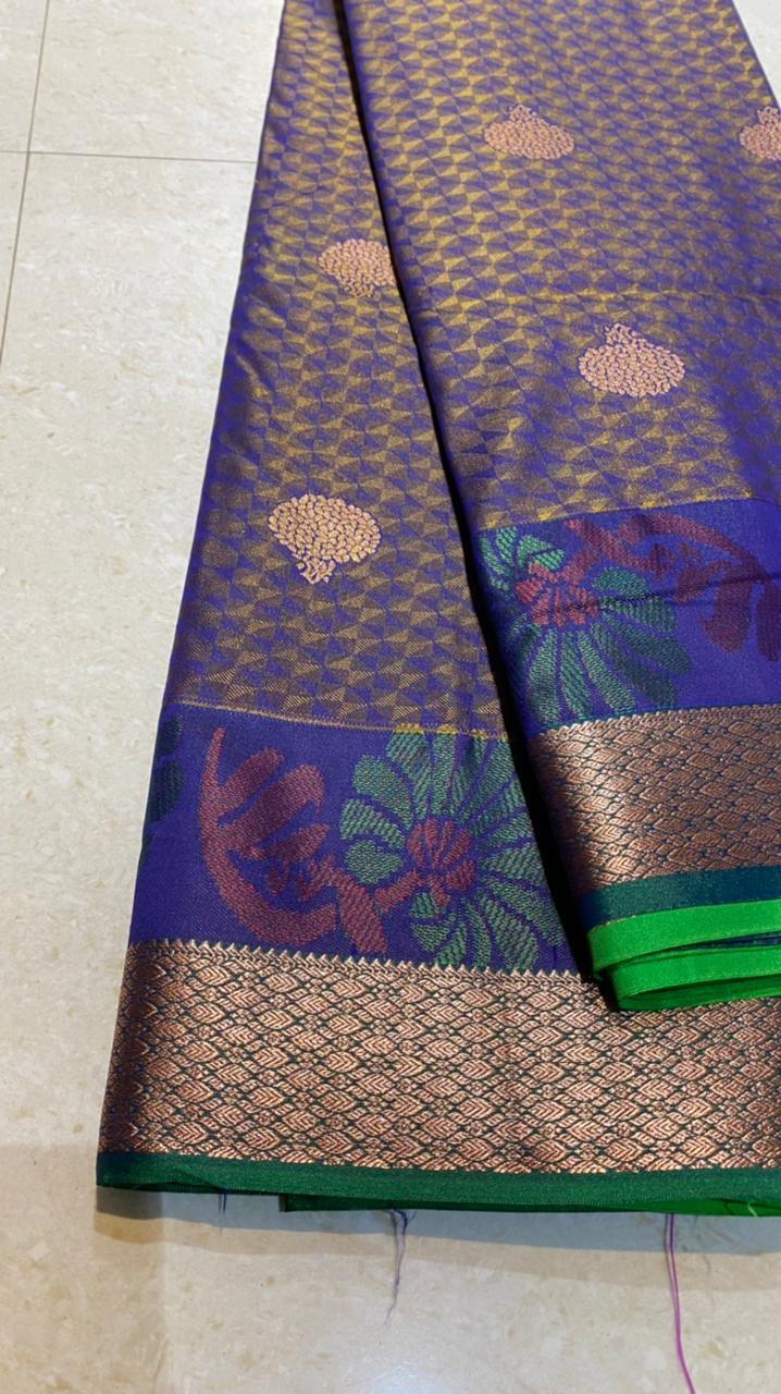 Dual shaded purple and green silk saree with blouse - Threads