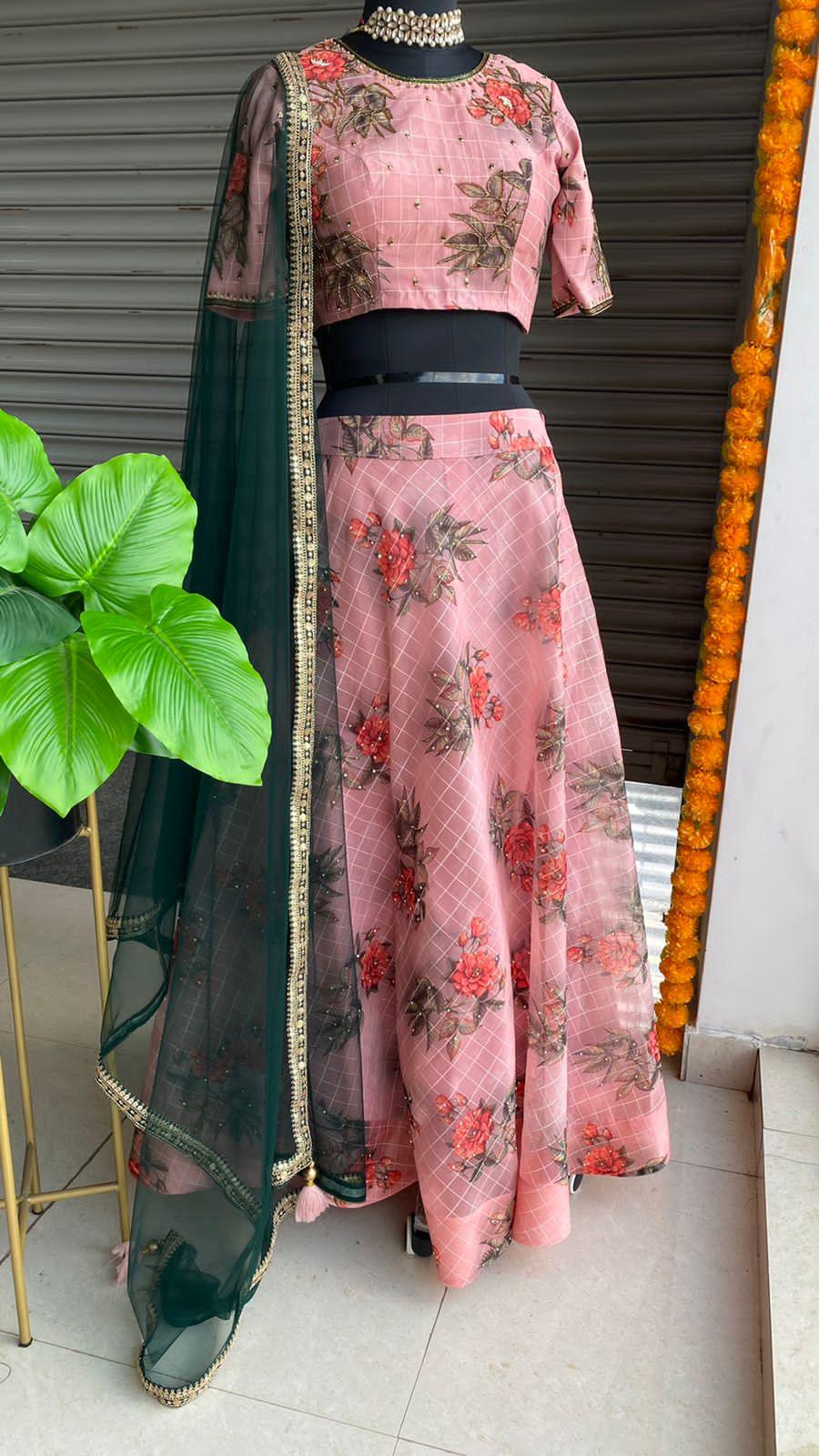 Peach Floral organza embroidery hand worked lehenga - Threads