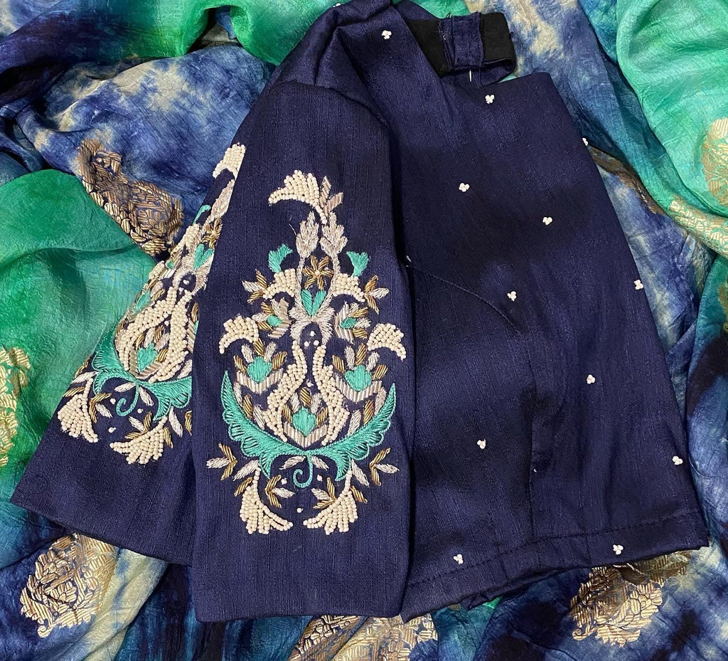 Hand worked Paisley silver zari weave blouse - Threads