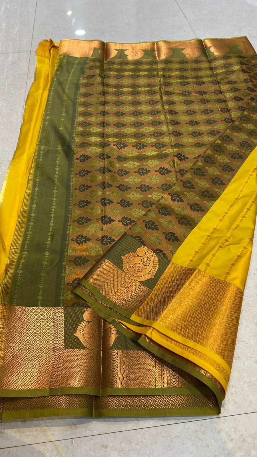 Uppada yellow with green and pink handwoven silk saree with special border