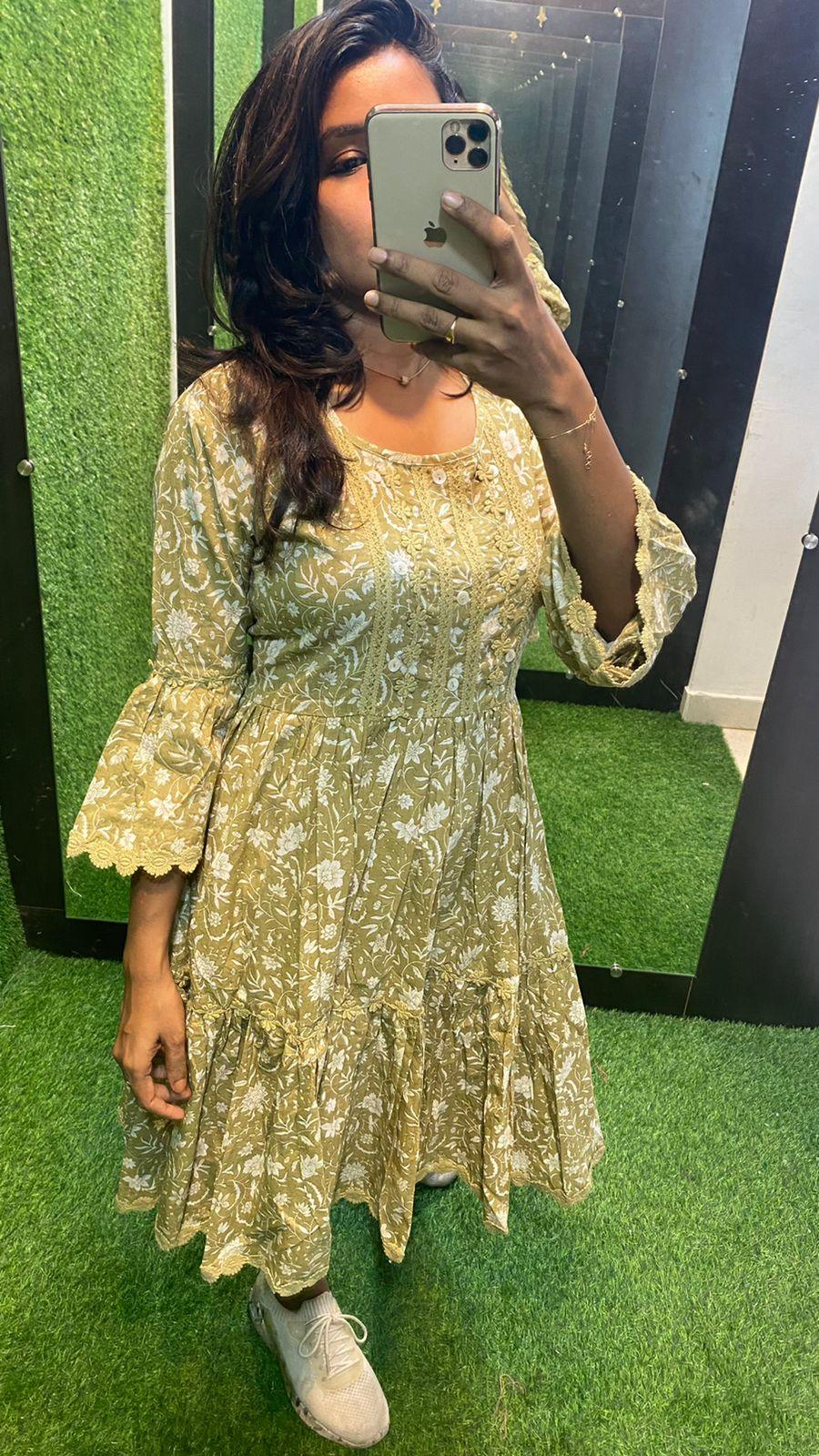 Light mehandi Cotton printed embroidery short kurti top - Threads