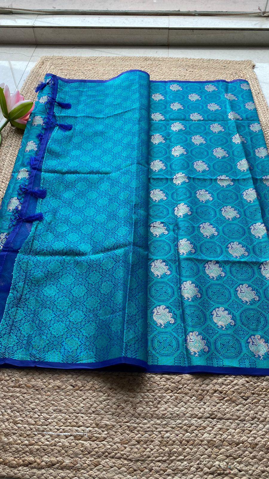 Prussian blue silk saree with blouse - Threads
