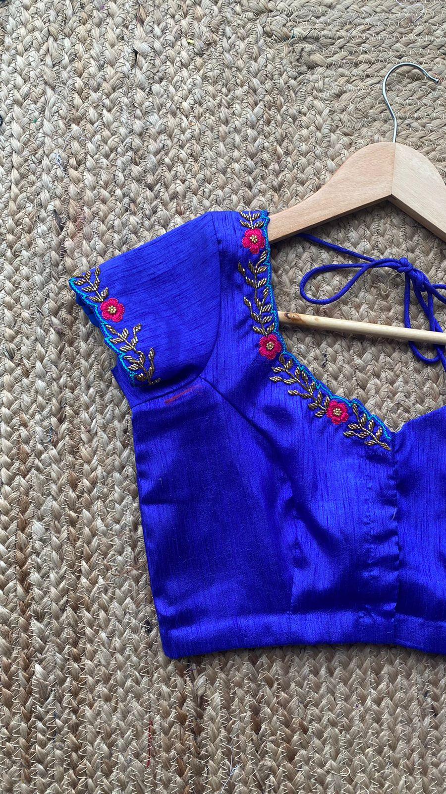 Royal Blue neck hand embroidery worked blouse - Threads