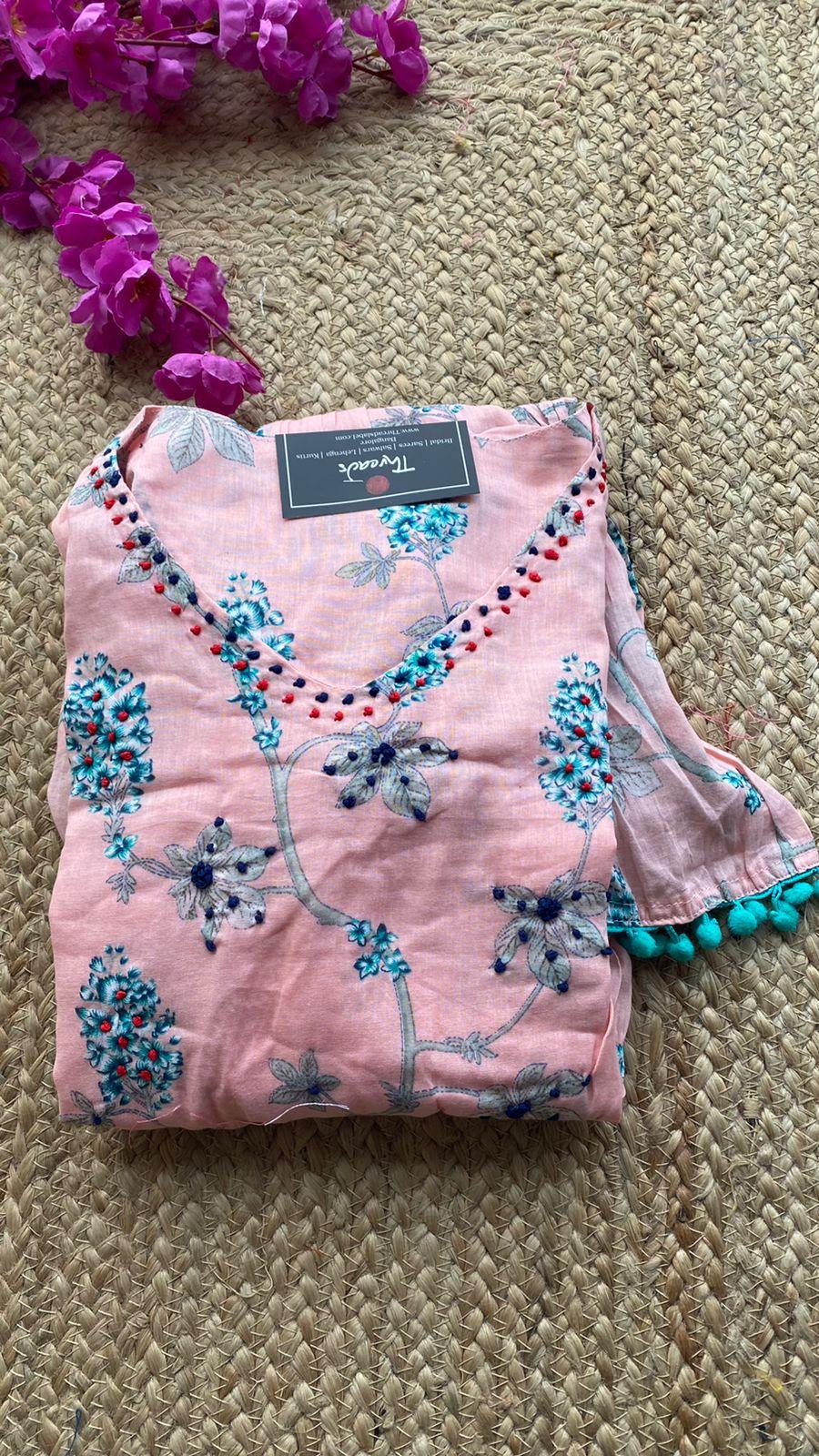 Peach floral Cotton printed short kurti top - Threads