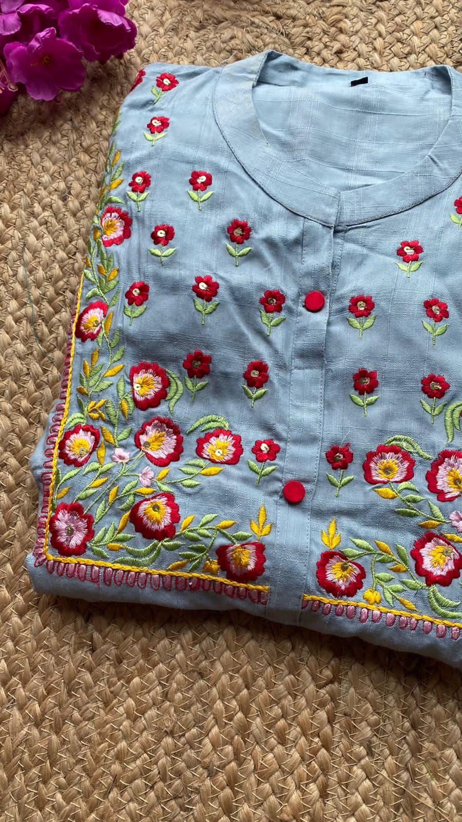 Light Blue rayon cotton embroidery kurti top - Threads
