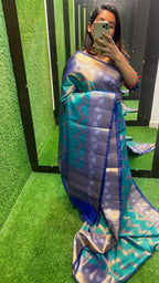 Sea blue silk chanderi saree with blouse - Threads