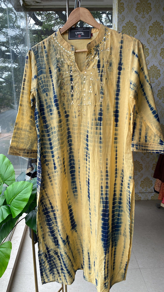 Cream and blue embroidery hand worked kurti top - Threads