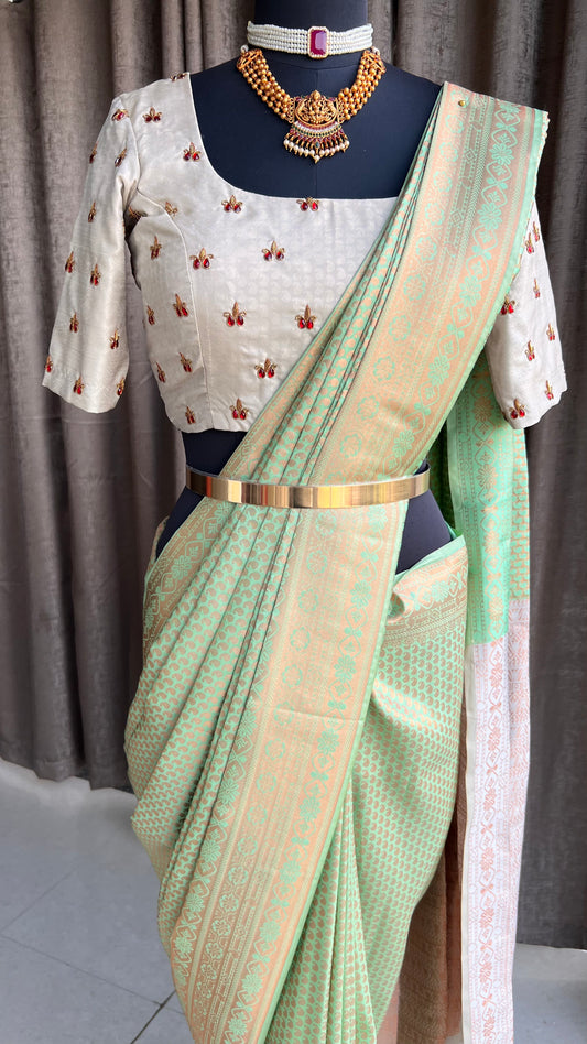 Parrot green and gold silk saree with hand worked blouse - Threads