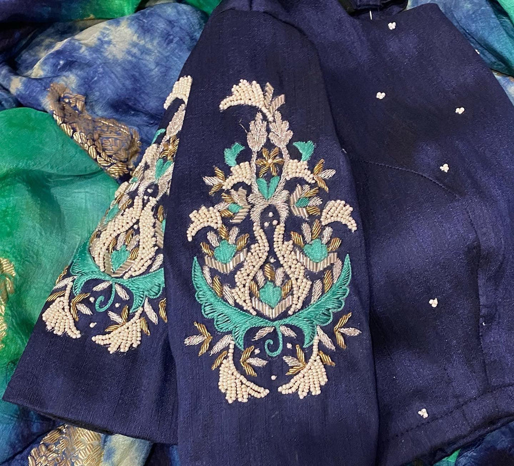 Hand worked Paisley silver zari weave blouse - Threads