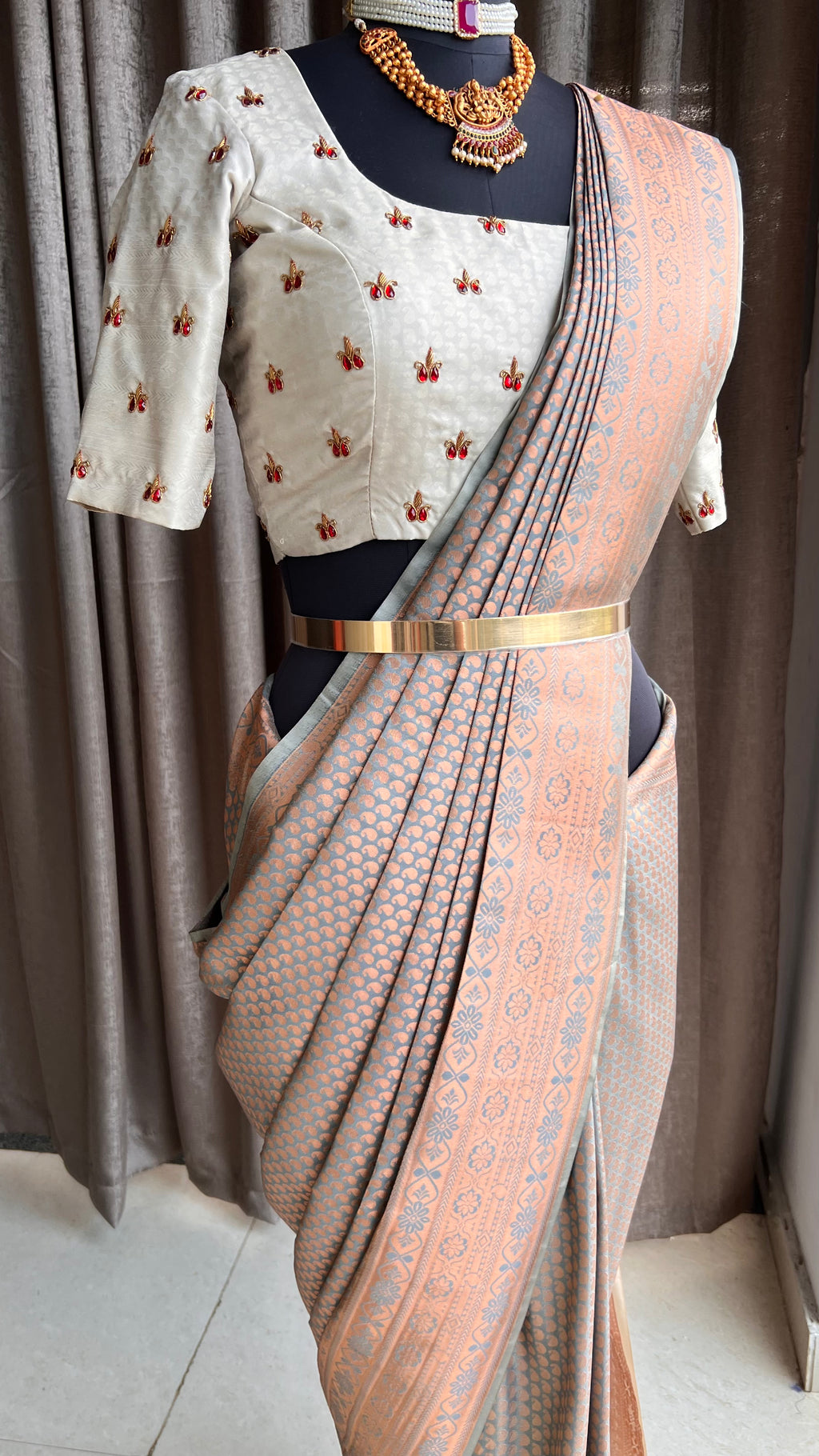 Grey and copper gold silk saree with hand worked blouse - Threads