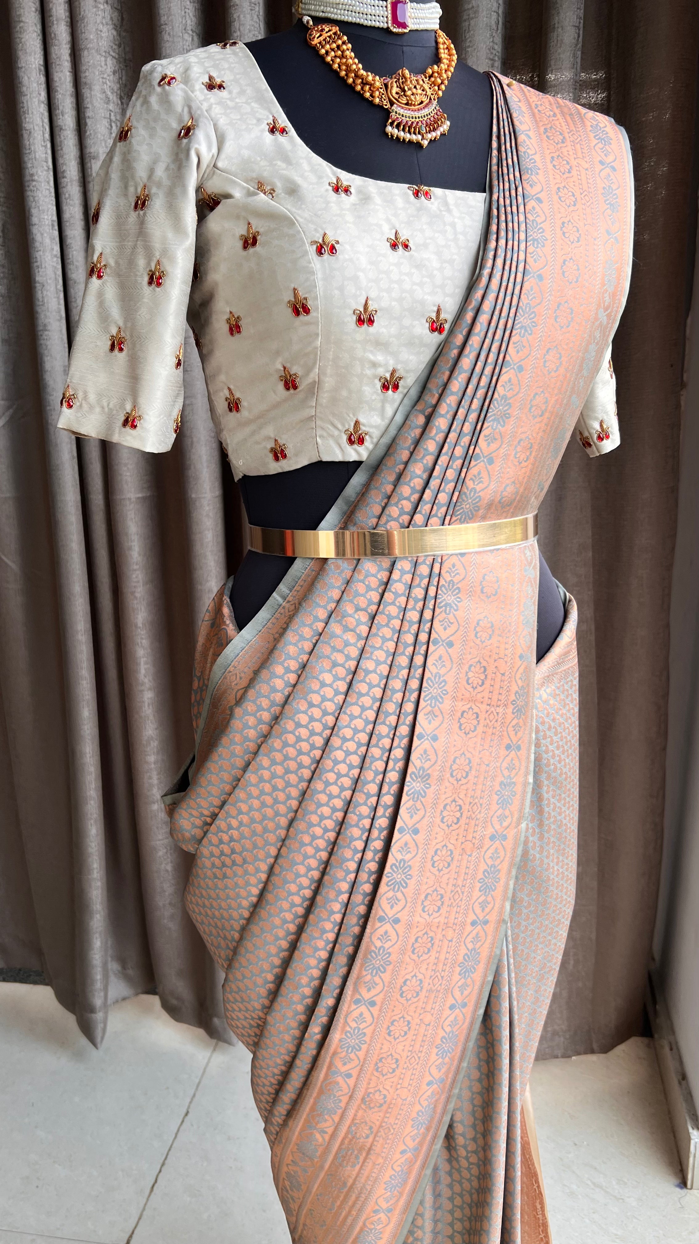 Grey and copper gold silk saree with hand worked blouse - Threads