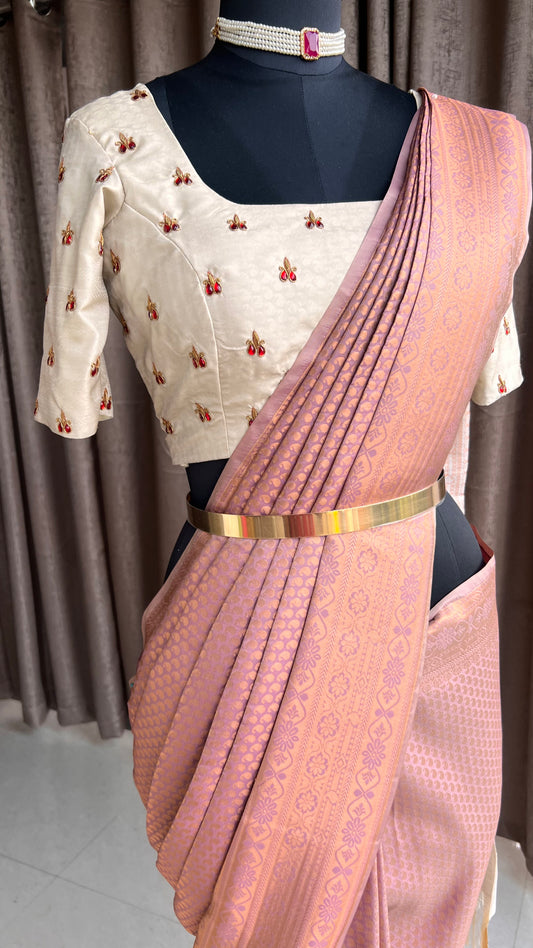 Coral pink and golden silk saree with hand worked blouse - Threads