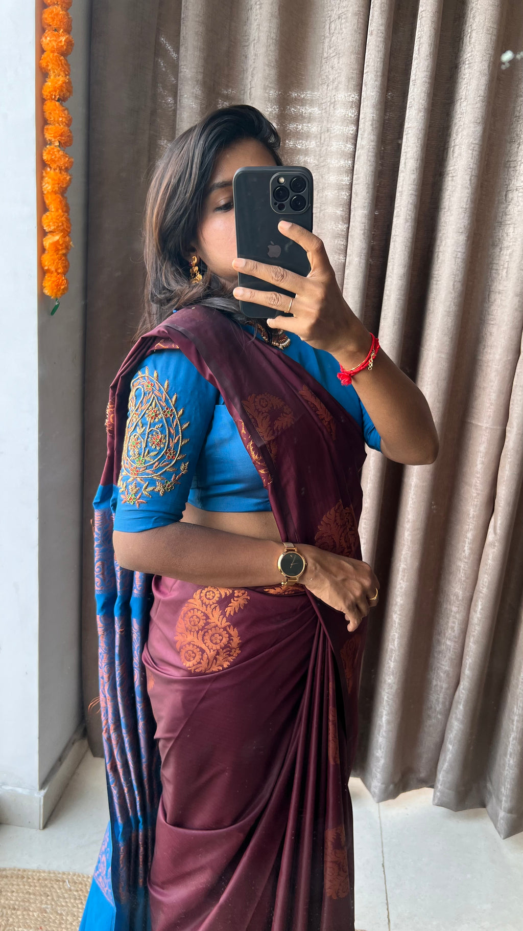 Brown and blue semi silk saree with hand worked blouse - Threads