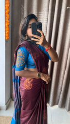 Brown and blue semi silk saree with hand worked blouse - Threads