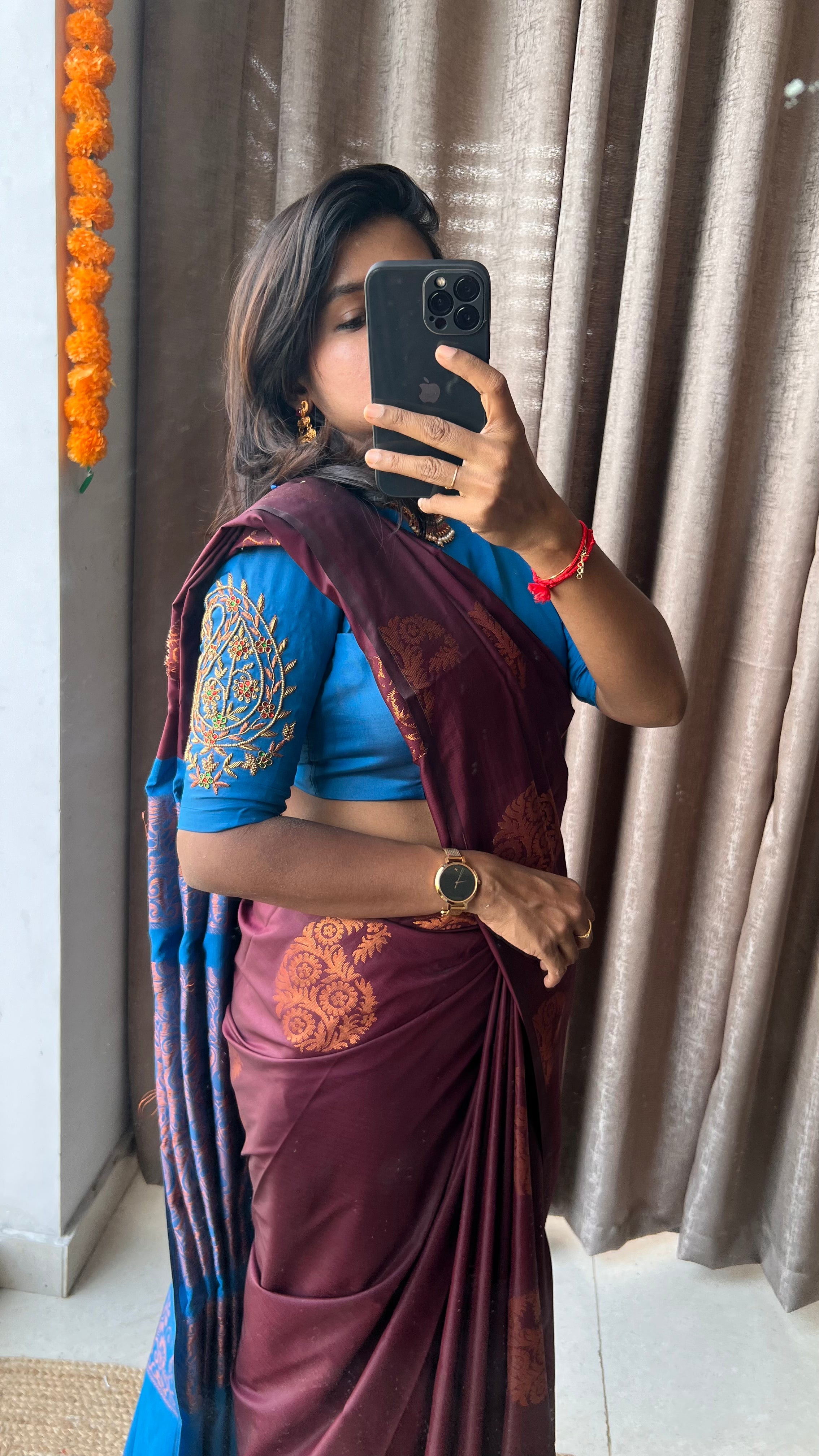 Brown and blue semi silk saree with hand worked blouse - Threads