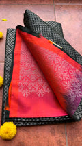 Black and orange matrix kanchipuram silk saree with blouse - Threads