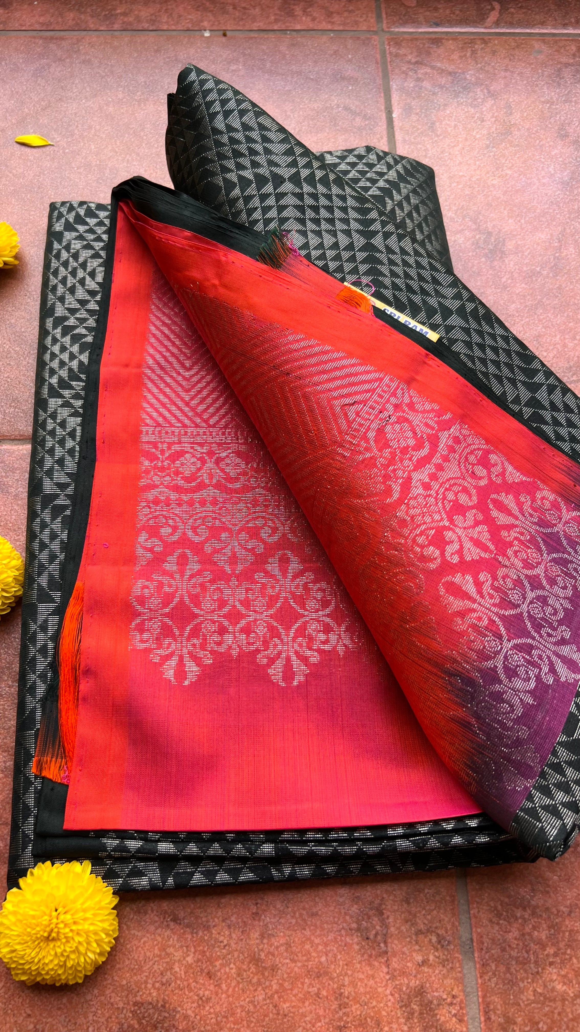 Black and orange matrix kanchipuram silk saree with blouse - Threads