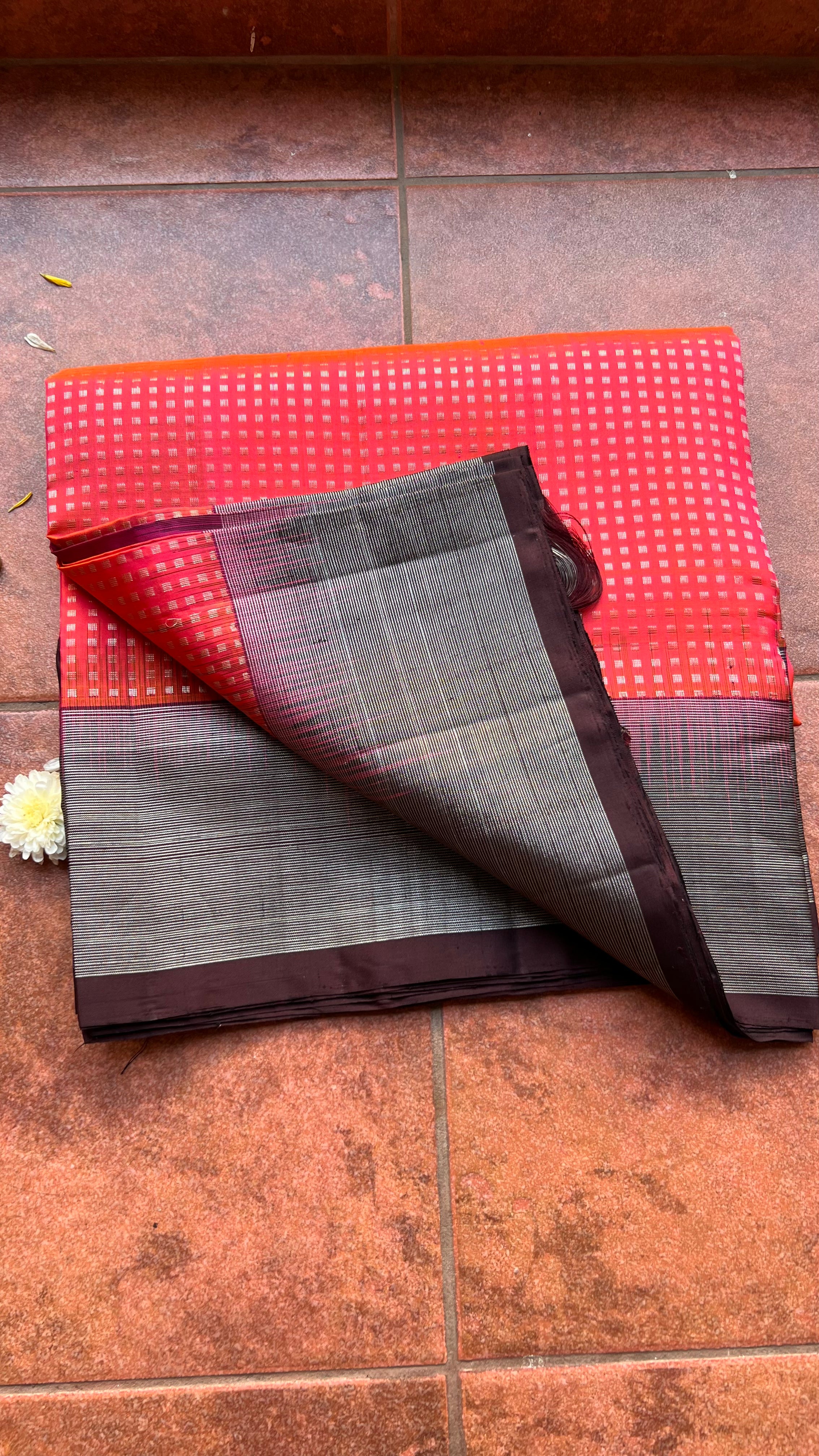 Valcano orange kanjivaram silk saree with blouse - Threads
