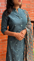 Bottle Green silk embroidery hand worked 3 piece kurti set - Threads