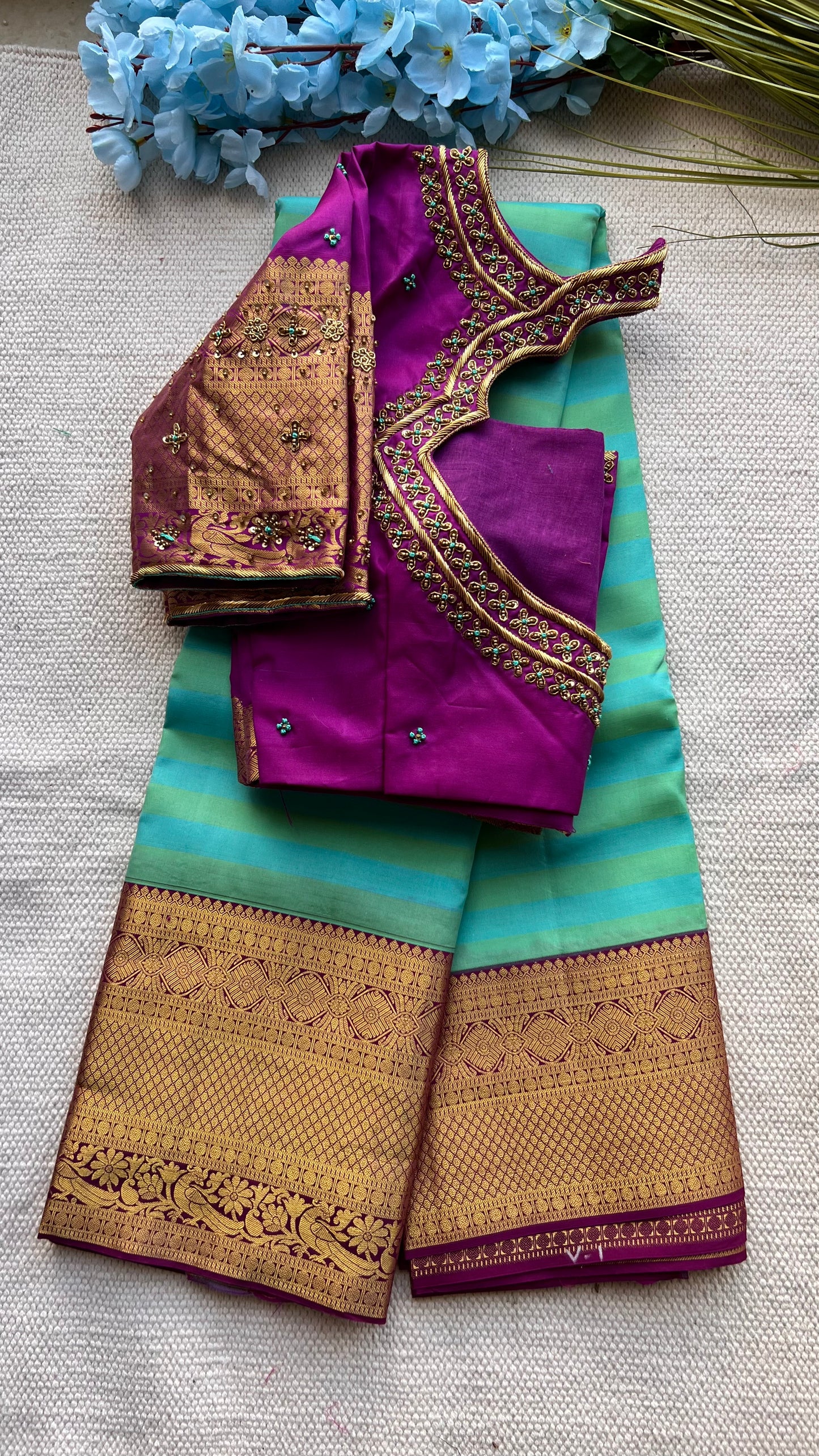 Sea blue and purple kanchipuram silk saree with hand worked blouse ...