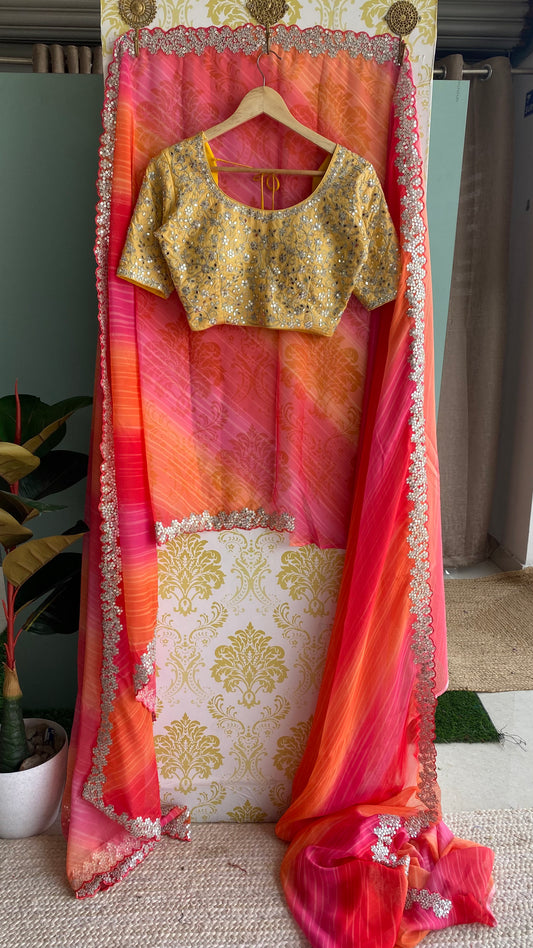 Pink embroidery saree with yellow hand worked blouse