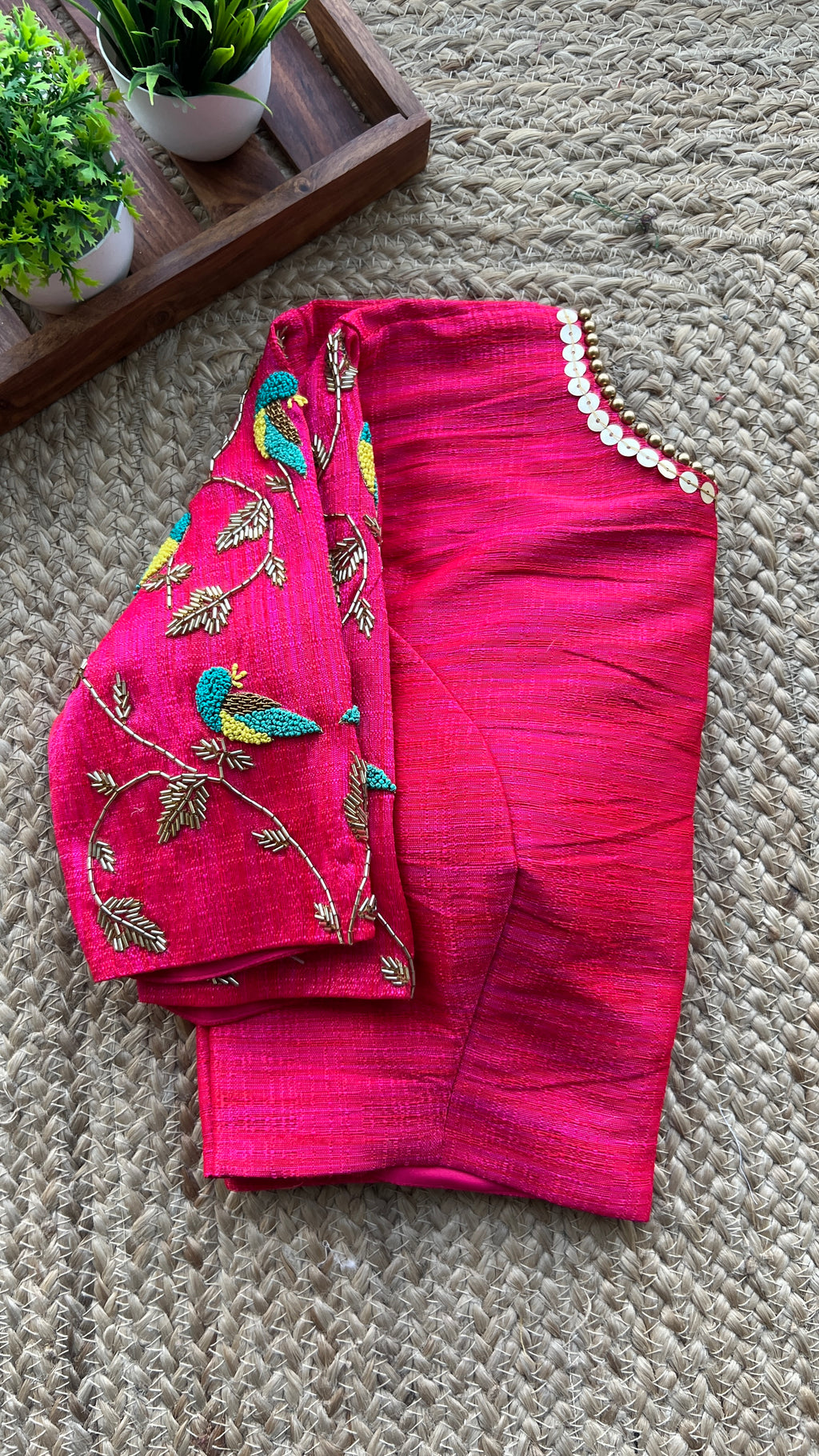 Pink silk bird hand worked blouse