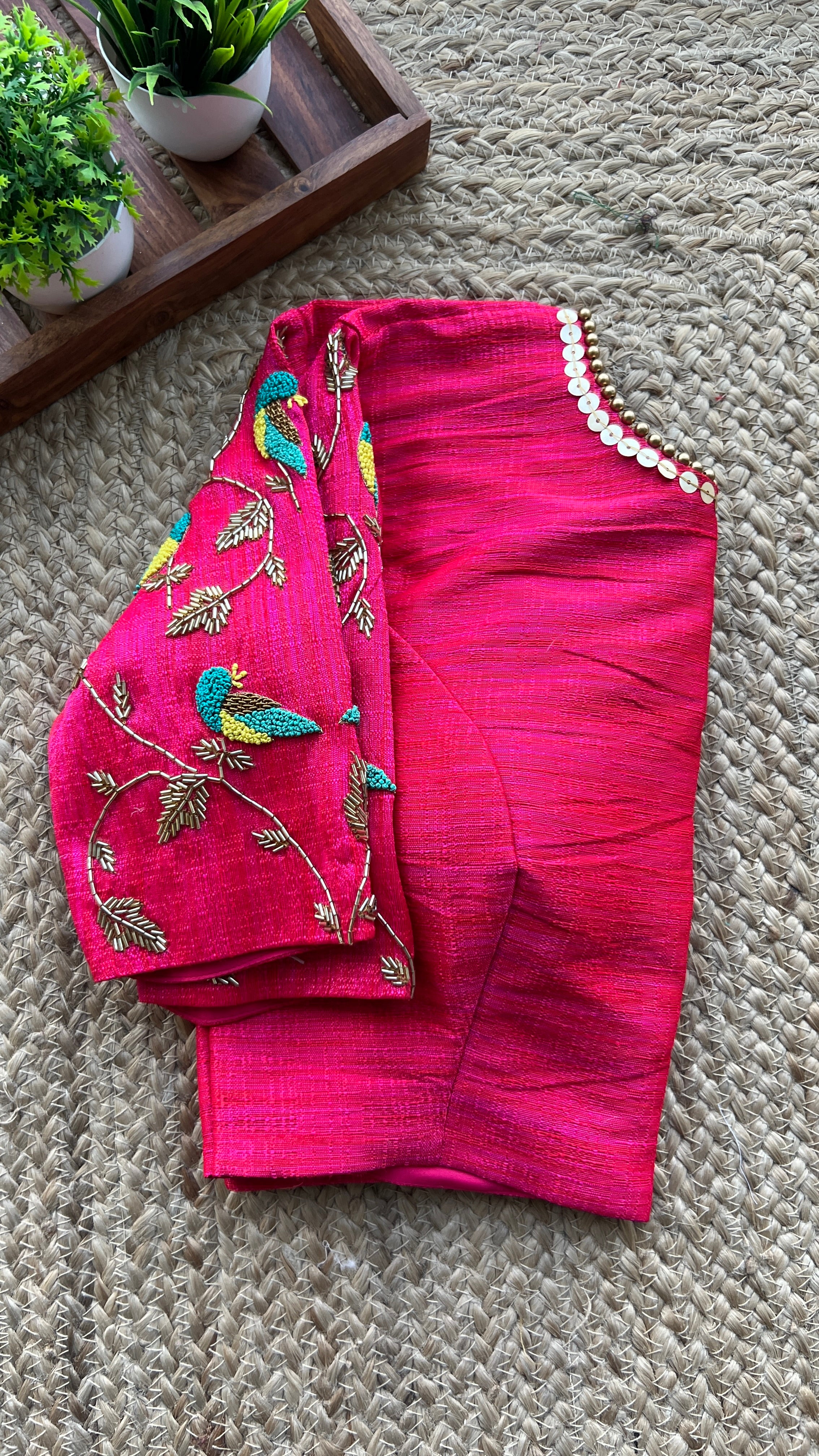 Pink silk bird hand worked blouse