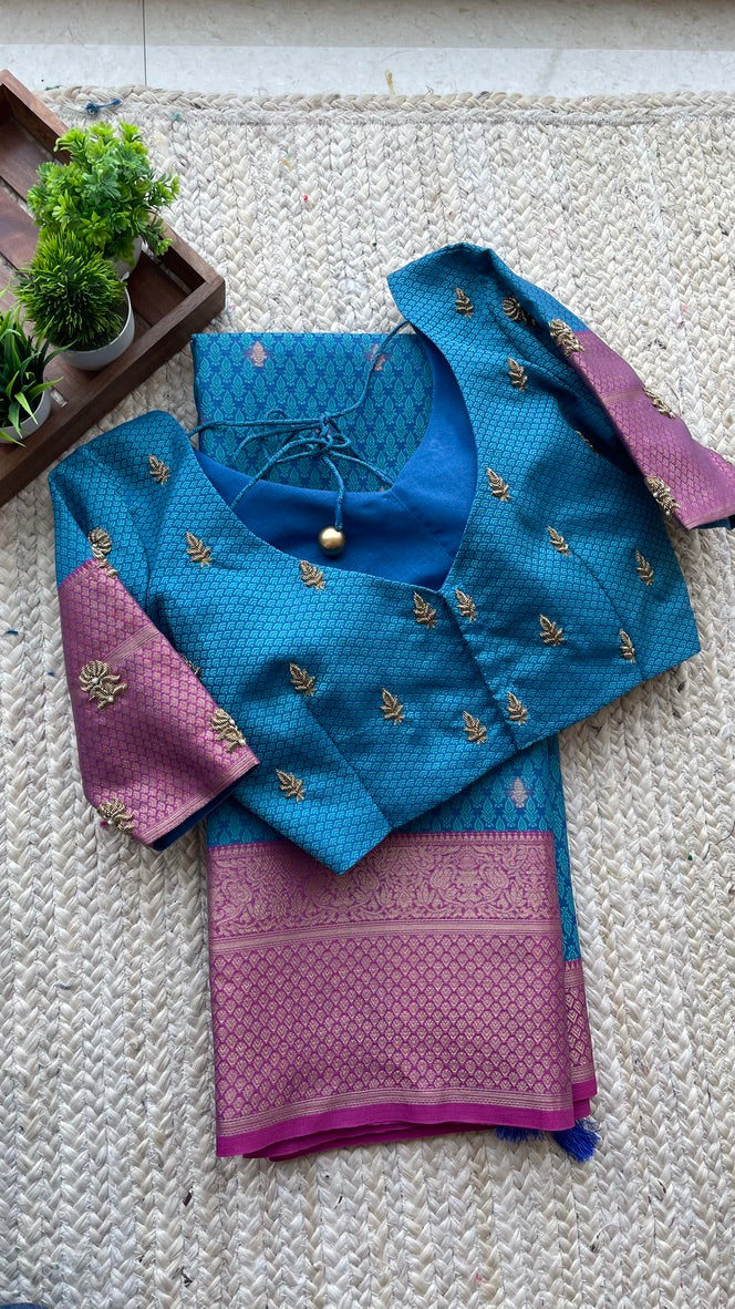 Blue casual silk saree with hand worked blouse