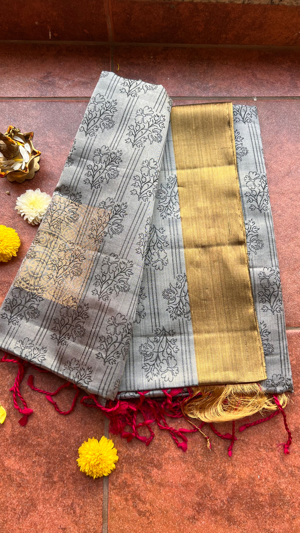 Grey and rani pink kanjivaram silk saree with blouse - Threads