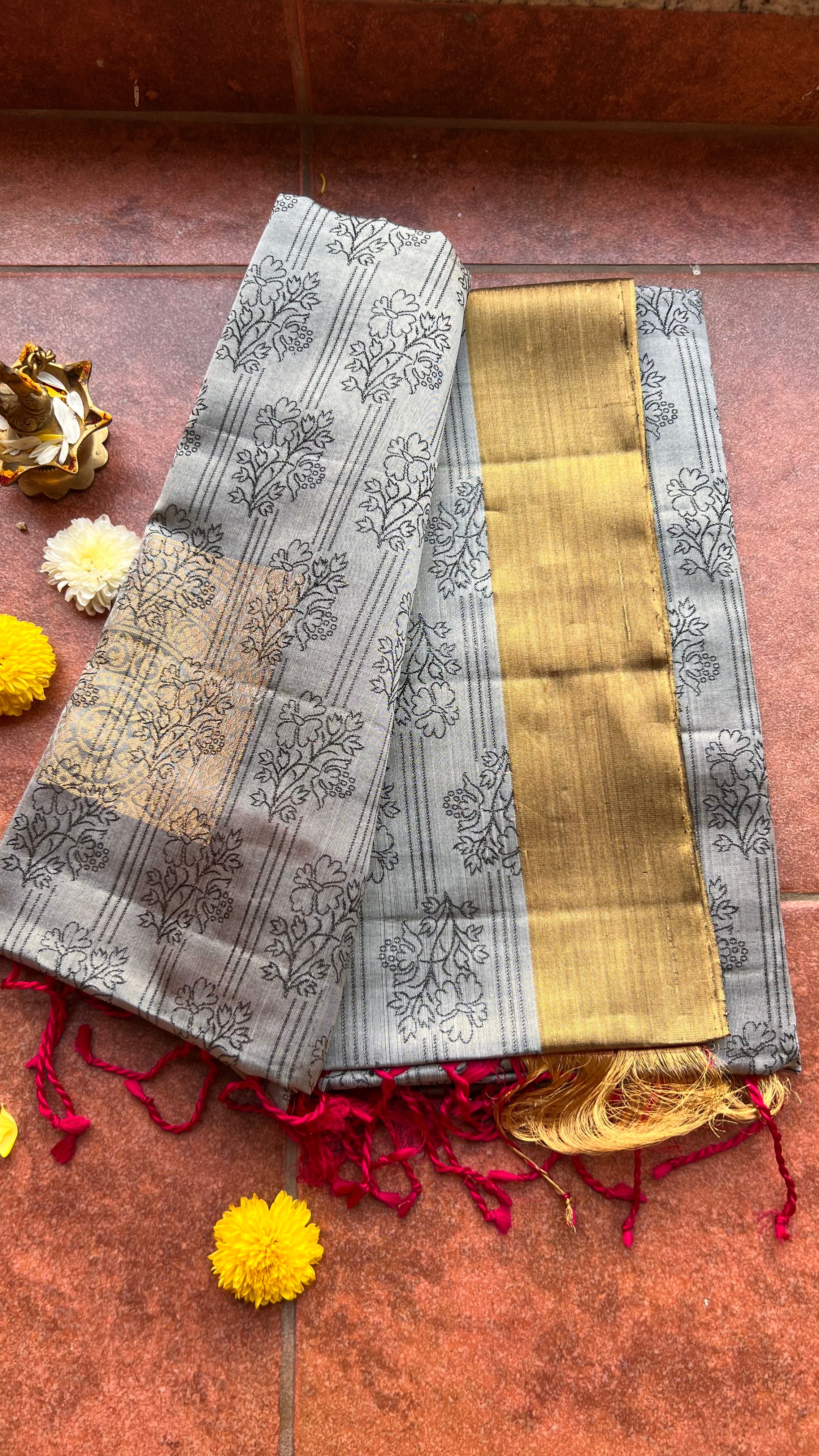 Grey and rani pink kanjivaram silk saree with blouse - Threads