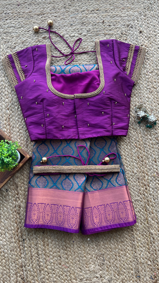(Free full draping )Peacock and purple silk saree with hand worked blouse