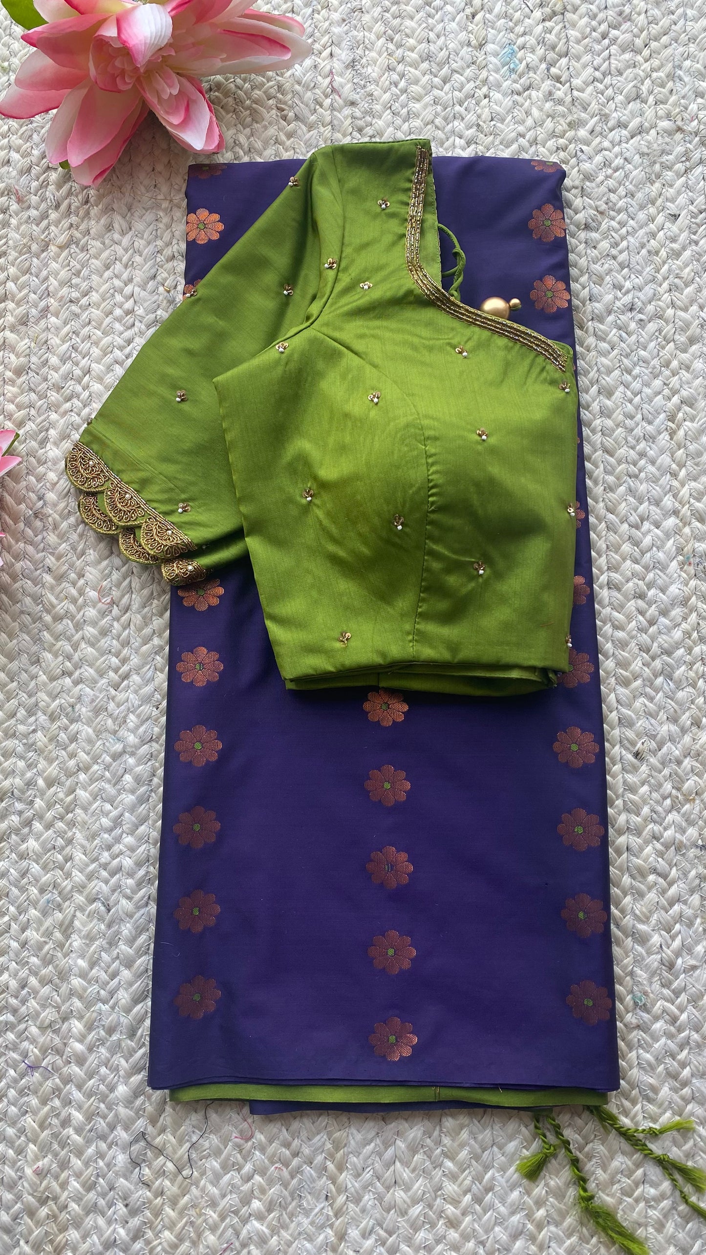 (Free full draping ) Blue silk saree with green hand worked blouse