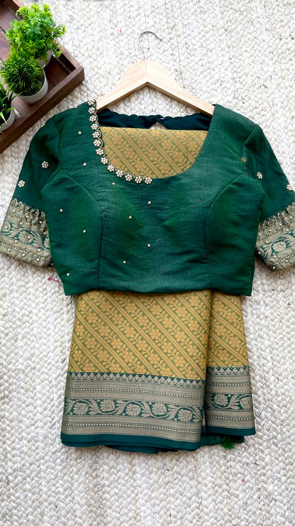 (Free full draping ) Green chanderi silk saree with hand worked blouse