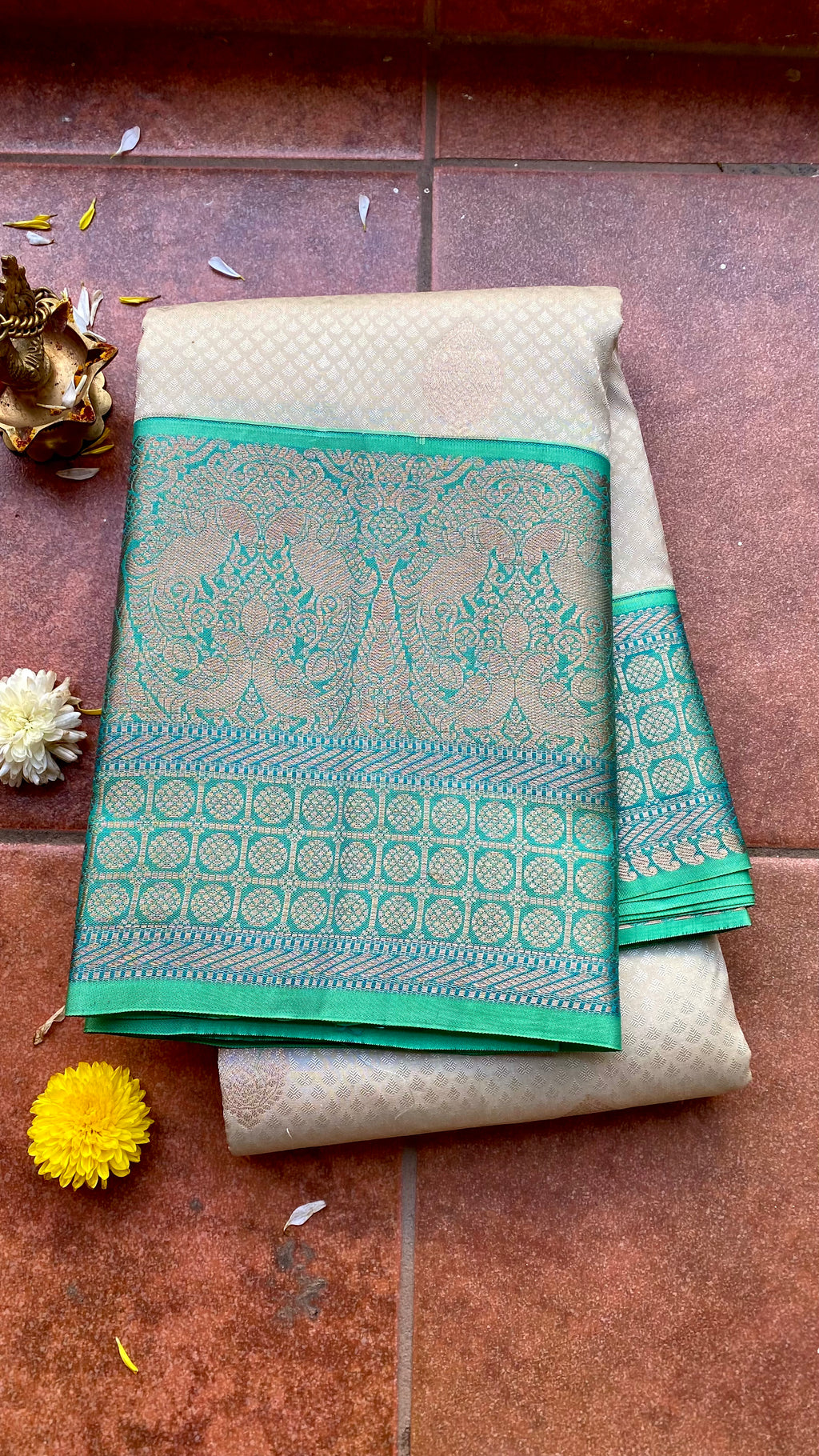 Half white and sea green kanjivaram silk saree with blouse - Threads