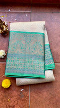 Half white and sea green kanjivaram silk saree with blouse - Threads