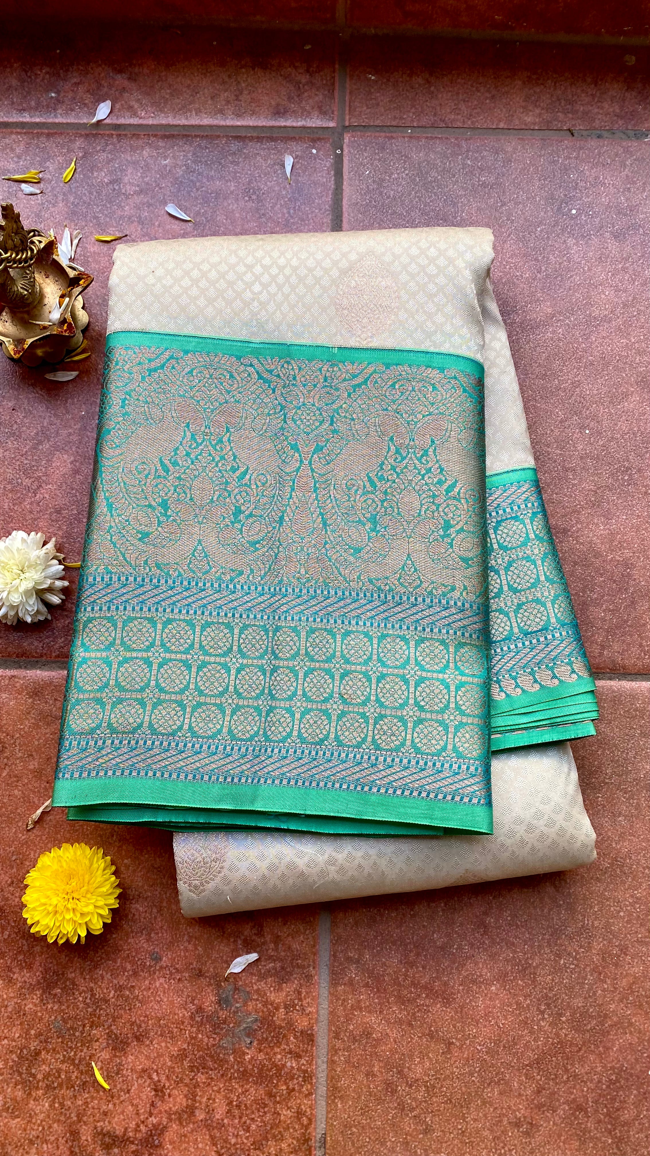 Half white and sea green kanjivaram silk saree with blouse - Threads