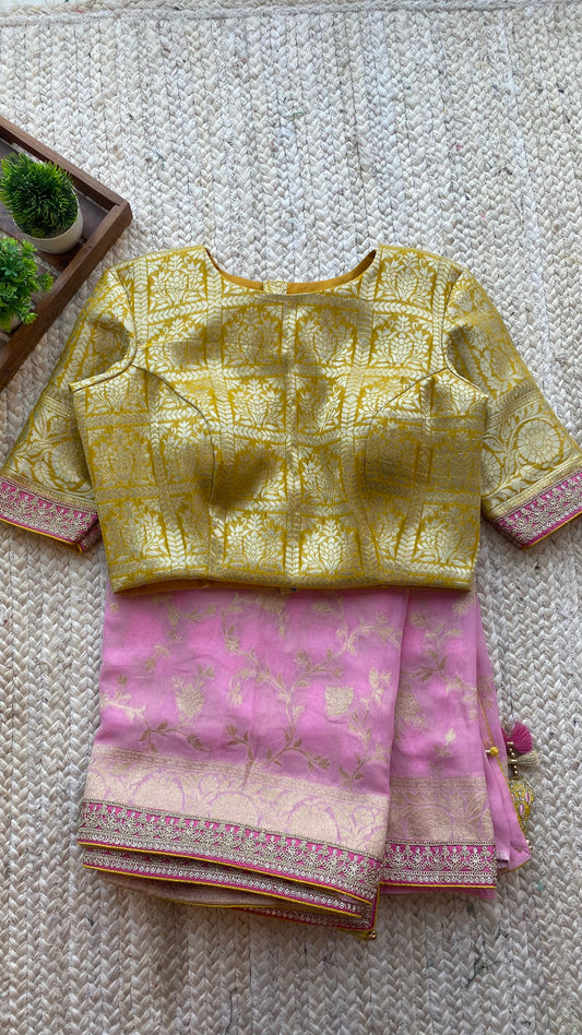 Pink pure banarasi saree with yellow blouse