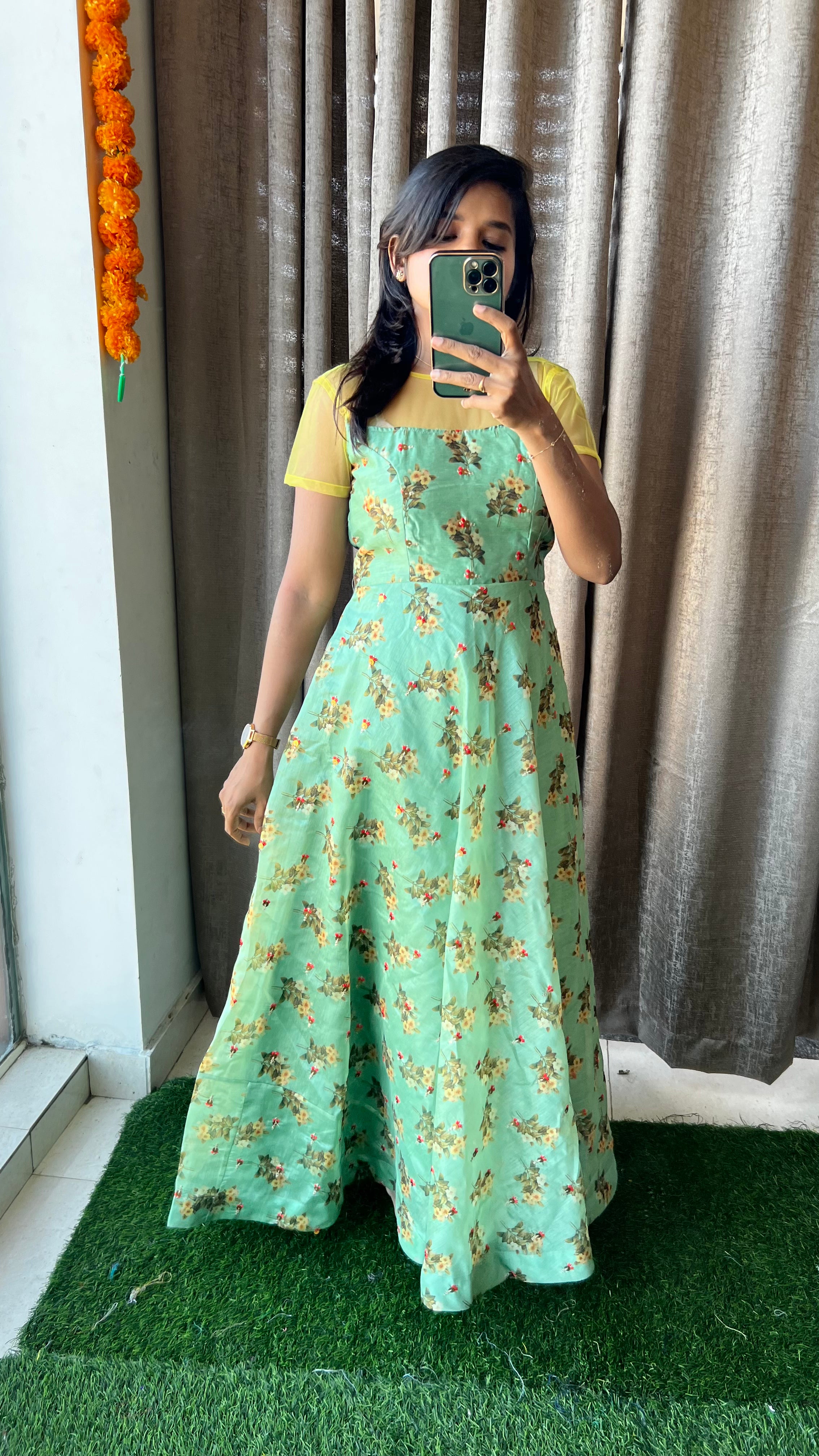 Green chanderi silk salwar suit of hand worked top - Threads