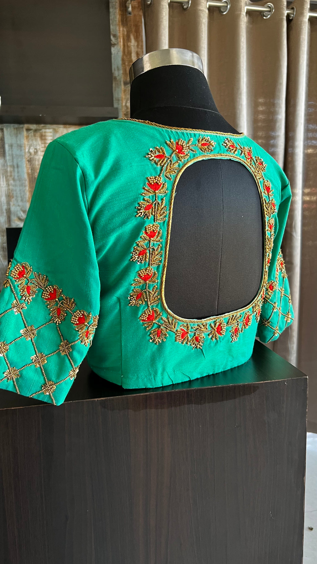 Sea green silk hand worked blouse - Threads