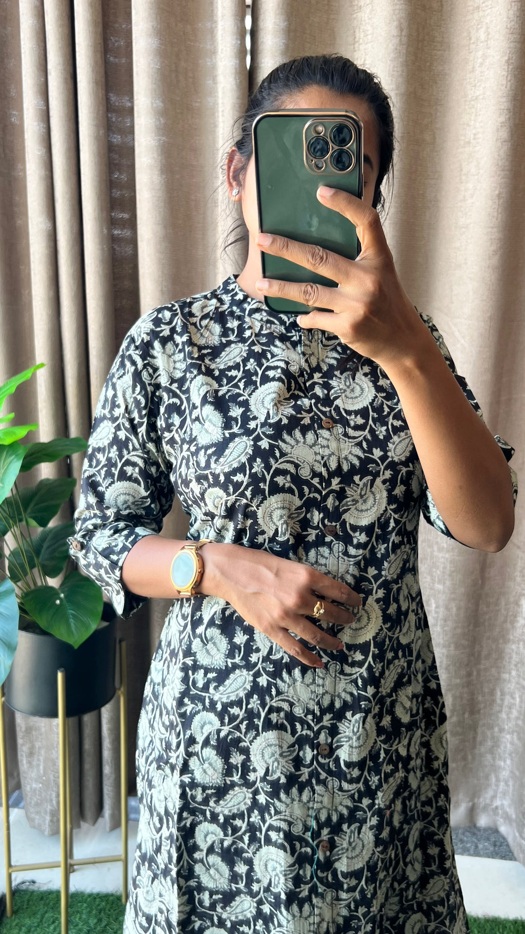 Black floral silk cotton printed kurti top
